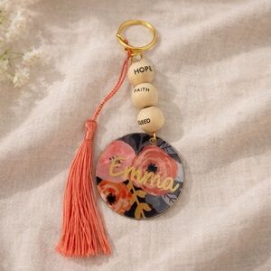 Boho Floral Keychain with Tassel and Beads Hope Blessed Faith